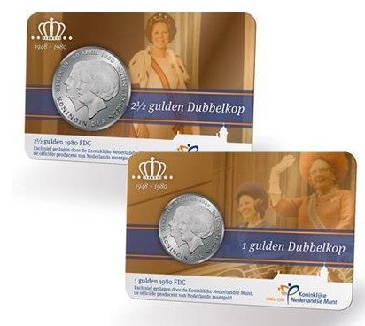 Kroning 1980 Dubbelkop Gulden & Rijksdaalder 2013 Coincard